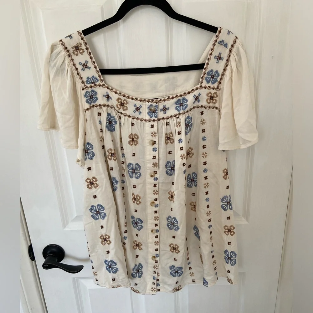 Torrid Linen Blend Embroidered Square Neck Flutter Short Sleeve Top Size 1 - Picture 5 of 11